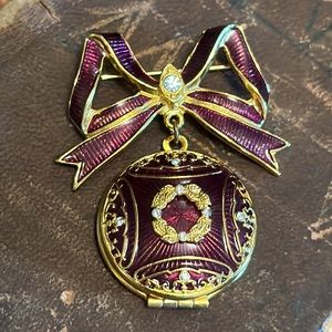 Edgar Berebi Vintage Enamel Bow Locket Brooch with CZ and Filigree Details